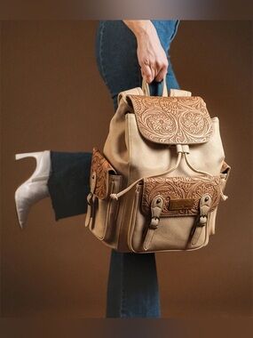 NWT Wrangler by Montana West Floral Tooled Leather Backpack/travel bag $130 msrp